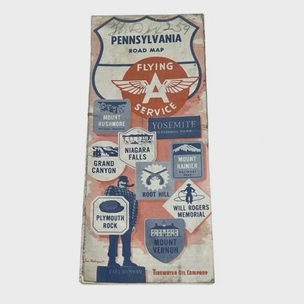 Flying A Service Pennsylvania Road Map Vintage‎ 1959